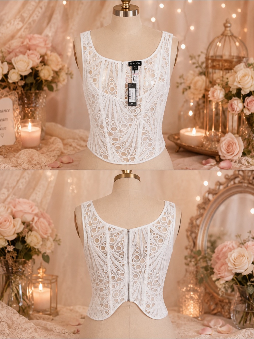 NWT PrettyLittleThing White Textured Sheer Floral Corset Top Size 10